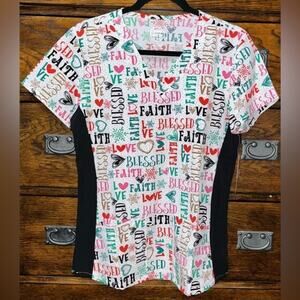 NWT! Divine Stretch Faith Loved Blessed Graphic Print Scrub Top 19” P2P